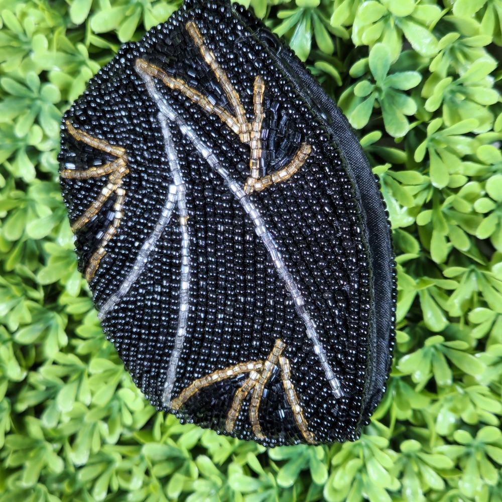 Y&S Original Beaded Coin Purse Wrist Pouch Black Gold Silver Abstract Mini Bag